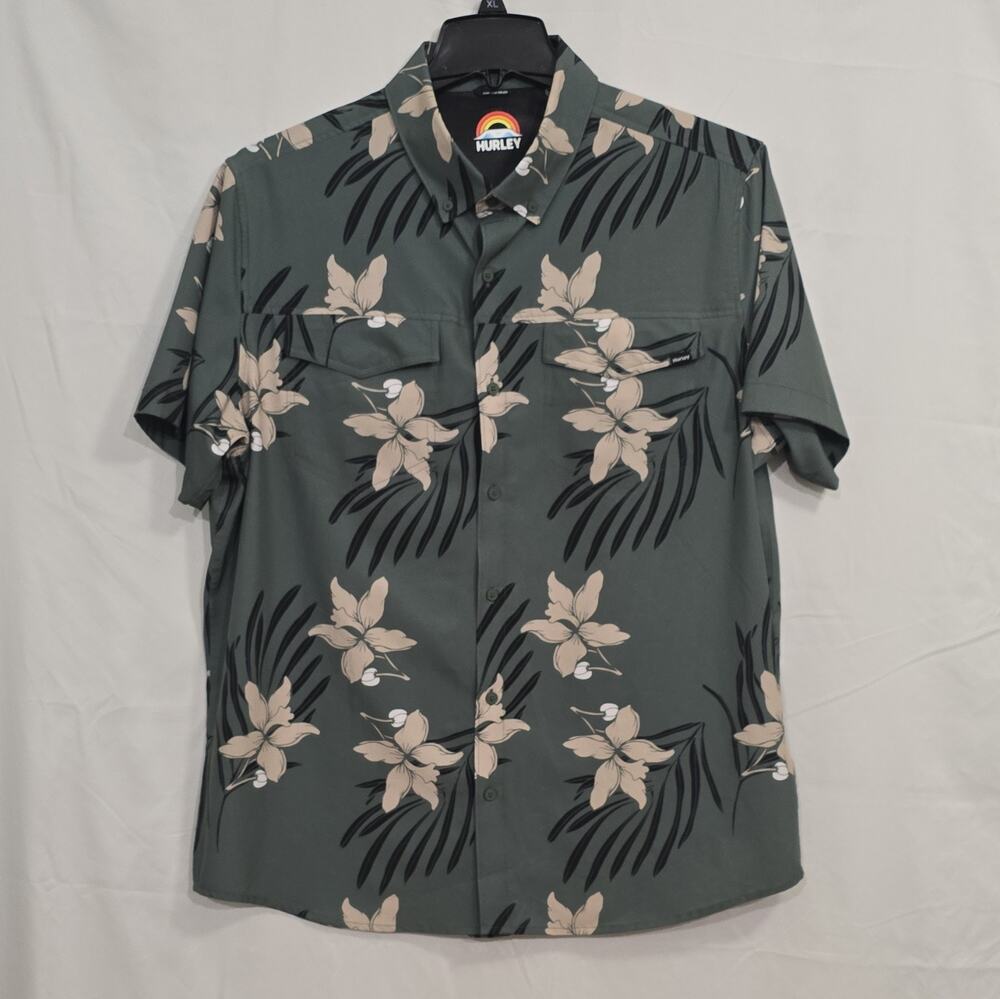 Hurley Men's XL Green Floral Hawaiian Stretch Woven Button-Down Short Sleeve